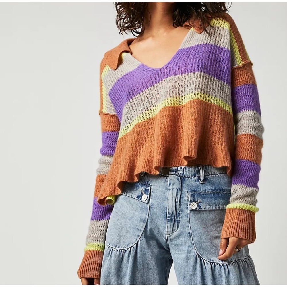 Free People Ives 100% Cashmere Striped Peplum V-Neck Collared Cropped Sweater L